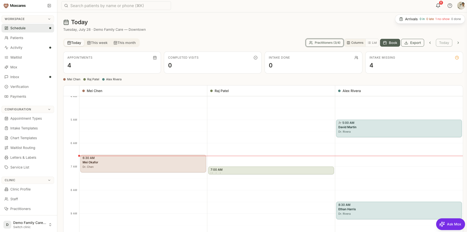 The Moxcares platform — today's schedule across three practitioners