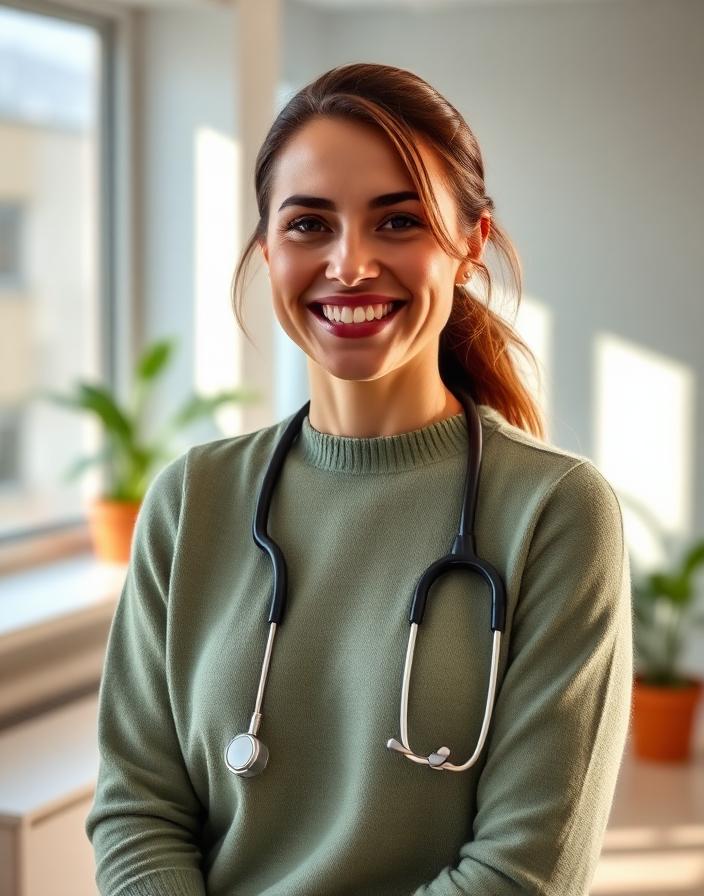 A friendly physician smiling in her clinic