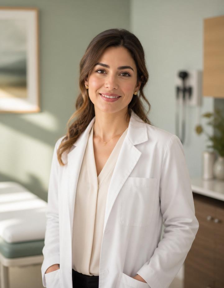 A friendly physician smiling in her clinic exam room